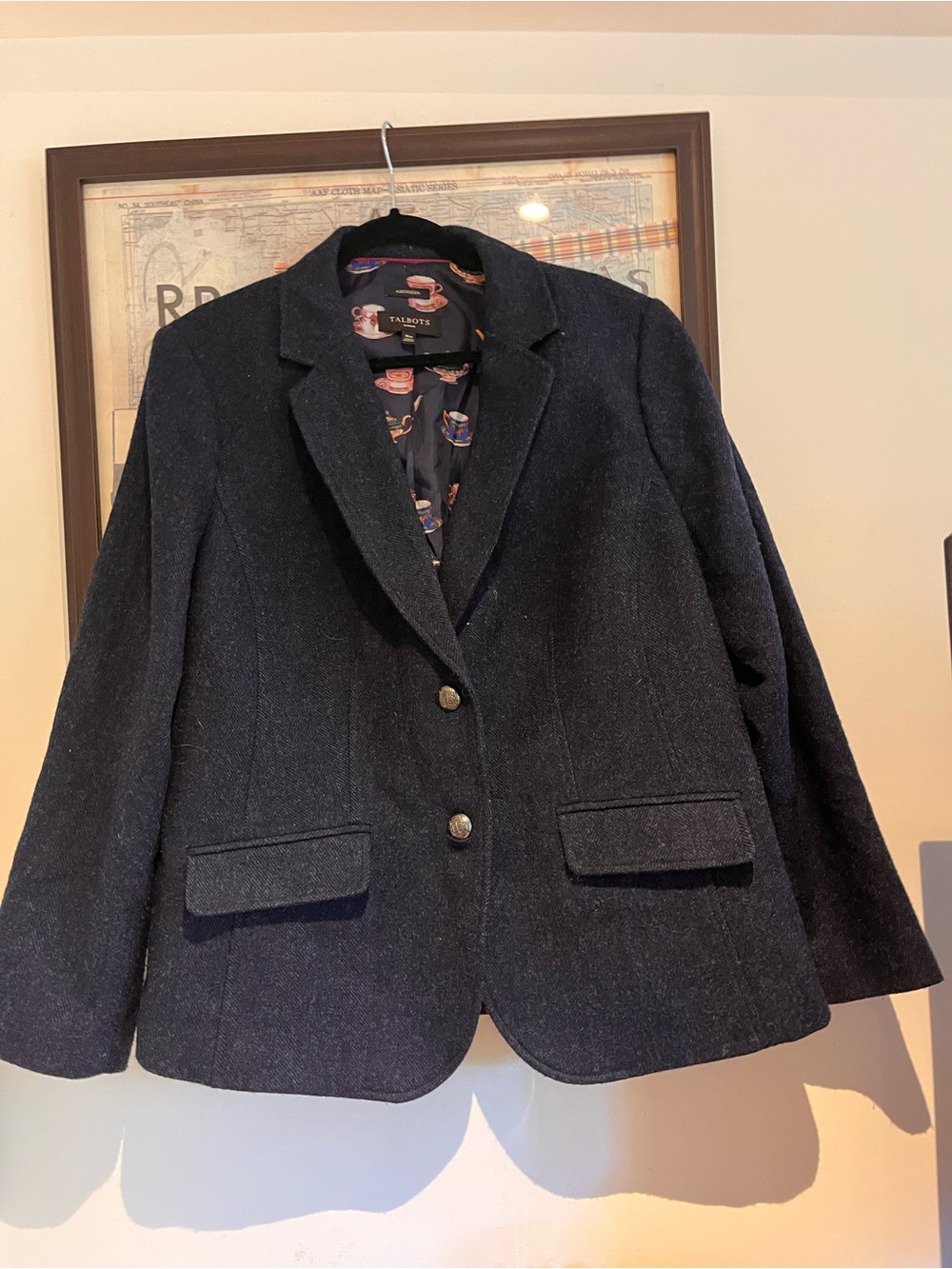 Talbots Navy Herringbone Tweed Wool Aberdeen Blazer Teapot Lining 16W - Picture 2 of 9